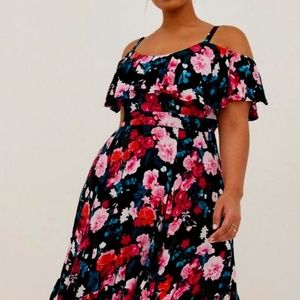 Hanky Hem Ruffle Skater Midi Dress - Gauze Floral Black